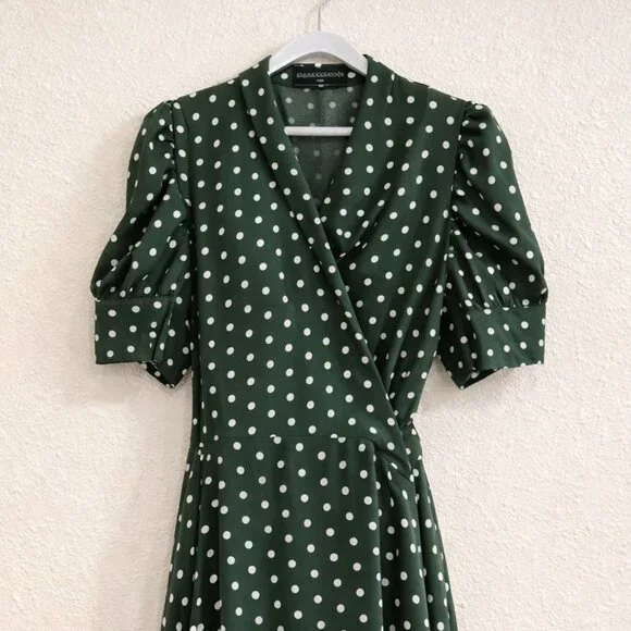 Green Polka Dot Wrap Dress | Puff Sleeve Midi | Celmia Collection 4XL - Picture 2 of 6